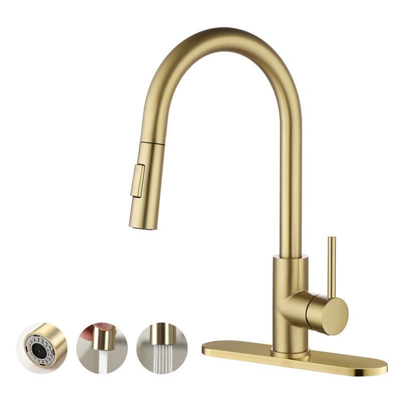 Havin Gold Kitchen Faucet with Pull Down Sprayer, High Arc Stainless Steel Material, with cUPC Ceramic Cartridge,with 10" Deck Plate,Fit for 1 or 3 Holes Kitchen Sink or Laundry Sink,Brushed Gold - Image 1
